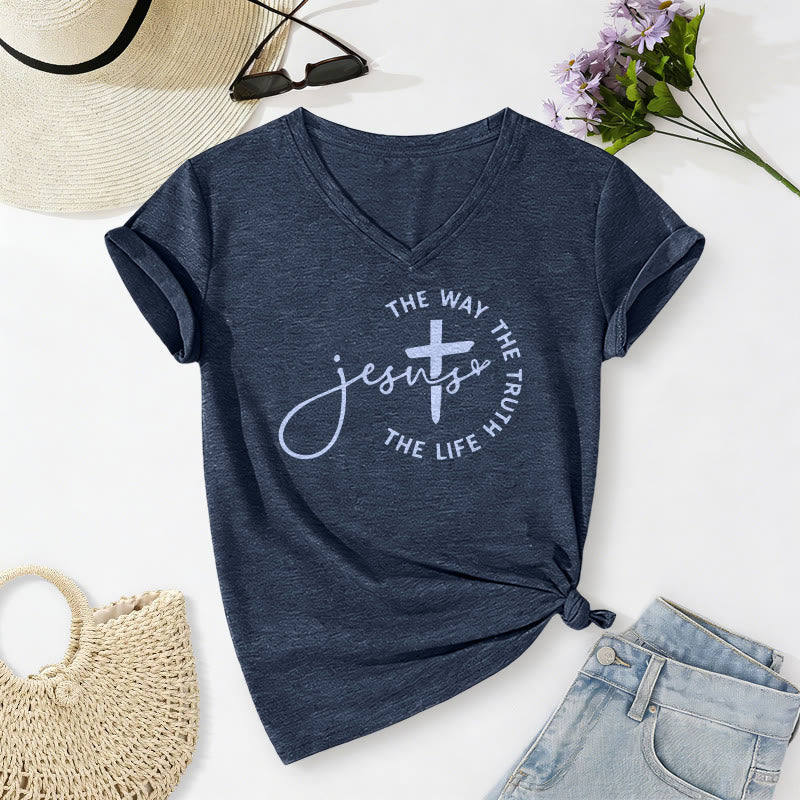 Christianartworkshop "Jesus The Way The Truth The Life" Circle Cross Casual V-neck T-shirt - Navy Blue - 2XL - image 20