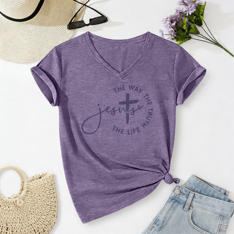 Christianartworkshop "Jesus The Way The Truth The Life" Circle Cross Casual V-neck T-shirt - Purple - 2XL - image 18