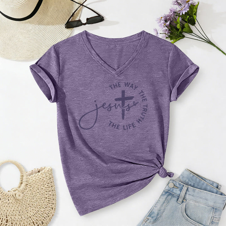 Christianartworkshop "Jesus The Way The Truth The Life" Circle Cross Casual V-neck T-shirt - Purple - 2XL - image 18