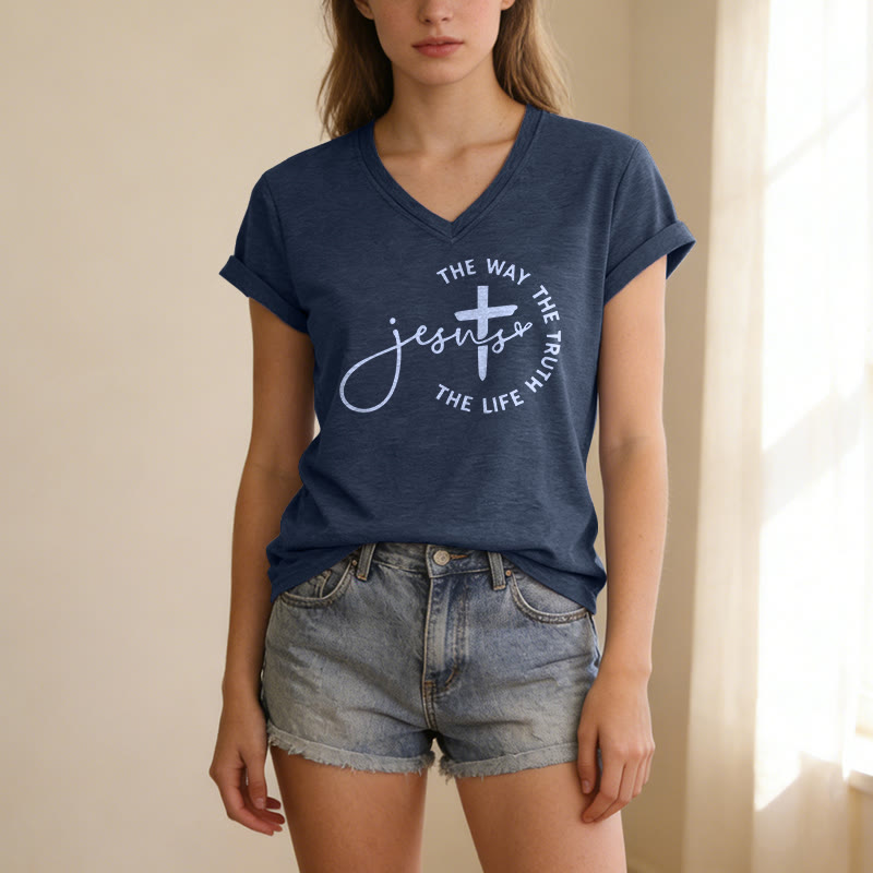 Christianartworkshop "Jesus The Way The Truth The Life" Circle Cross Casual V-neck T-shirt - image 21