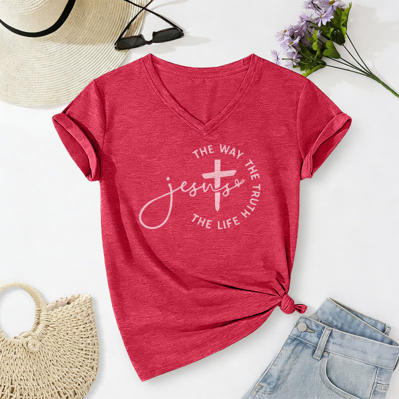 Christianartworkshop "Jesus The Way The Truth The Life" Circle Cross Casual V-neck T-shirt - Red - 2XL - image 22