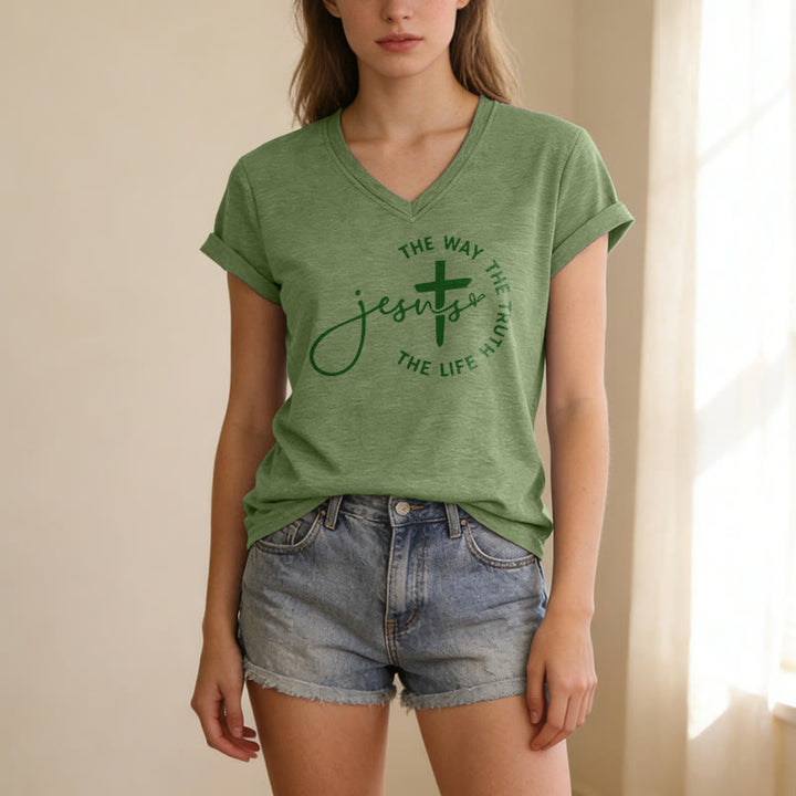 Christianartworkshop "Jesus The Way The Truth The Life" Circle Cross Casual V-neck T-shirt - image 11