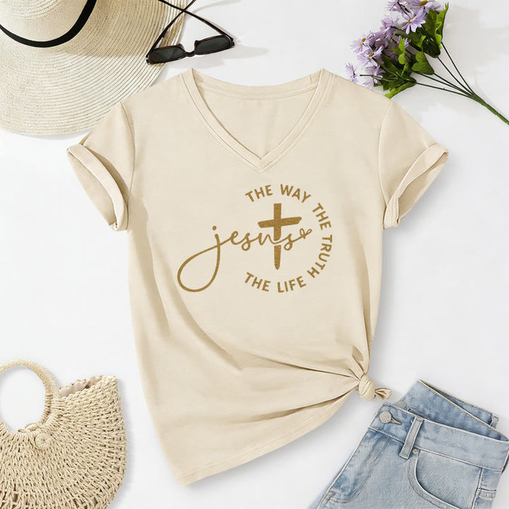 Christianartworkshop "Jesus The Way The Truth The Life" Circle Cross Casual V-neck T-shirt - Beige - 2XL - image 2