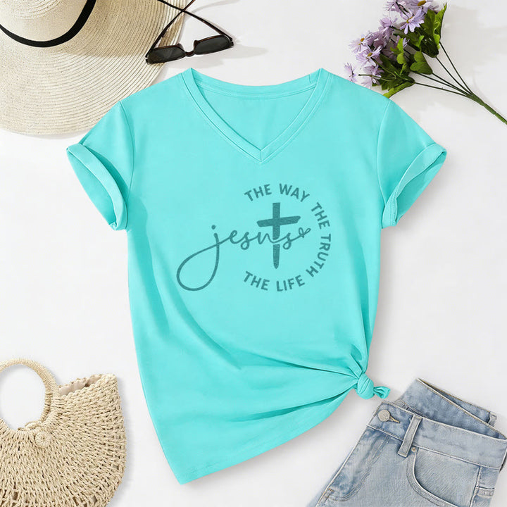 Christianartworkshop "Jesus The Way The Truth The Life" Circle Cross Casual V-neck T-shirt - Sky Blue - 2XL - image 14