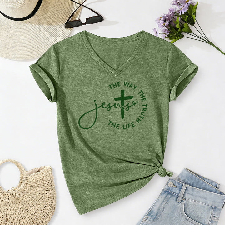 Christianartworkshop "Jesus The Way The Truth The Life" Circle Cross Casual V-neck T-shirt - Olive Green - 2XL - image 10