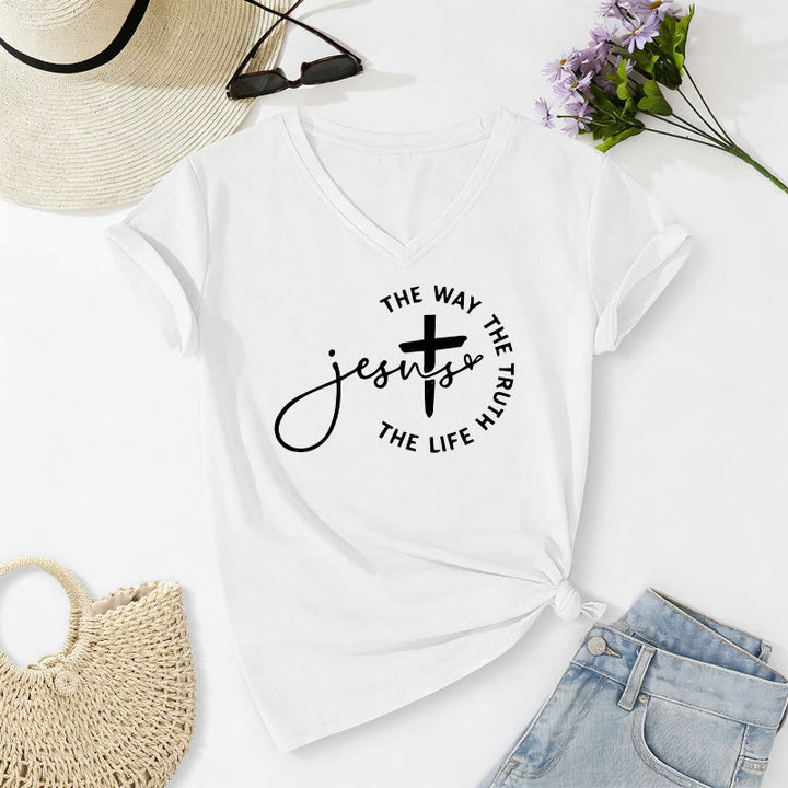 Christianartworkshop "Jesus The Way The Truth The Life" Circle Cross Casual V-neck T-shirt - White - 2XL - image 12