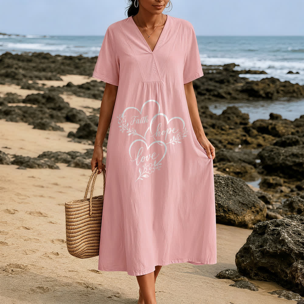 Christianartworkshop Floral Heart "Faith Hope Love" Print V-Neck Short Sleeve Midi Dress - image 9