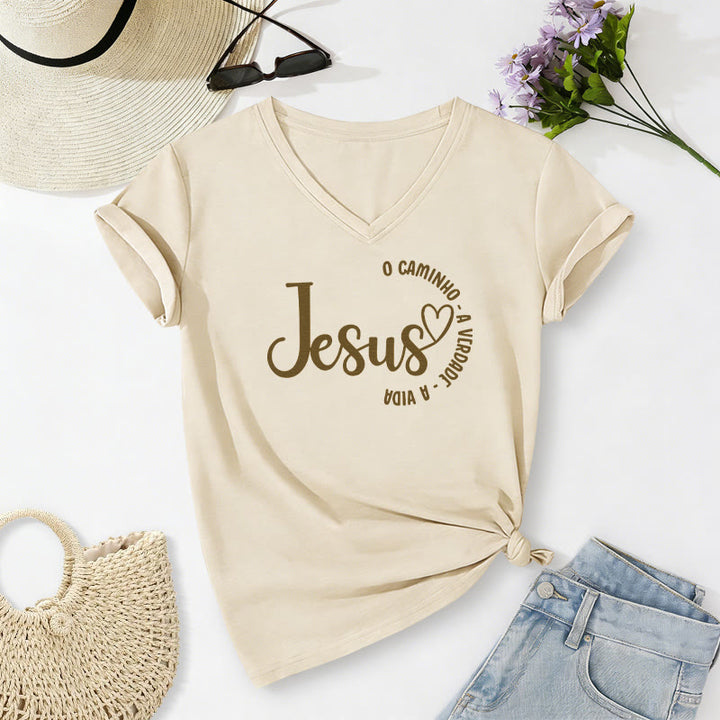 Christianartworkshop "Jesus O Caminho A Verdade A Vida" Heart Circle Casual V-neck T-shirt - Beige - 2XL - image 2