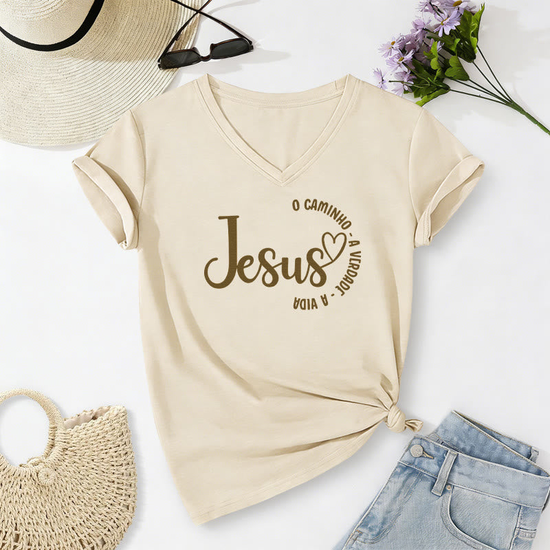 Christianartworkshop "Jesus O Caminho A Verdade A Vida" Heart Circle Casual V-neck T-shirt - Beige - 2XL - image 2