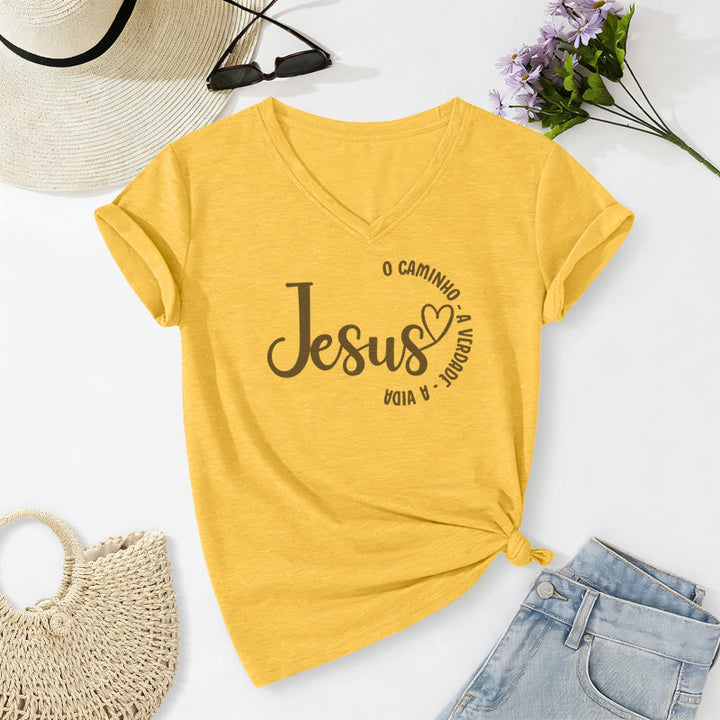 Christianartworkshop "Jesus O Caminho A Verdade A Vida" Heart Circle Casual V-neck T-shirt - Yellow - 2XL - image 8