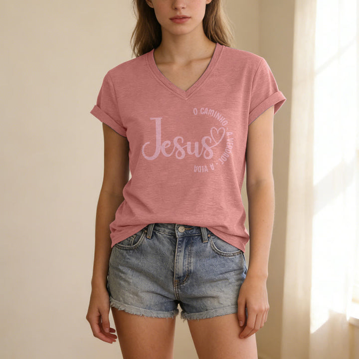 Christianartworkshop "Jesus O Caminho A Verdade A Vida" Heart Circle Casual V-neck T-shirt - image 5