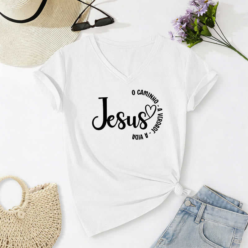 Christianartworkshop "Jesus O Caminho A Verdade A Vida" Heart Circle Casual V-neck T-shirt - White - 2XL - image 12