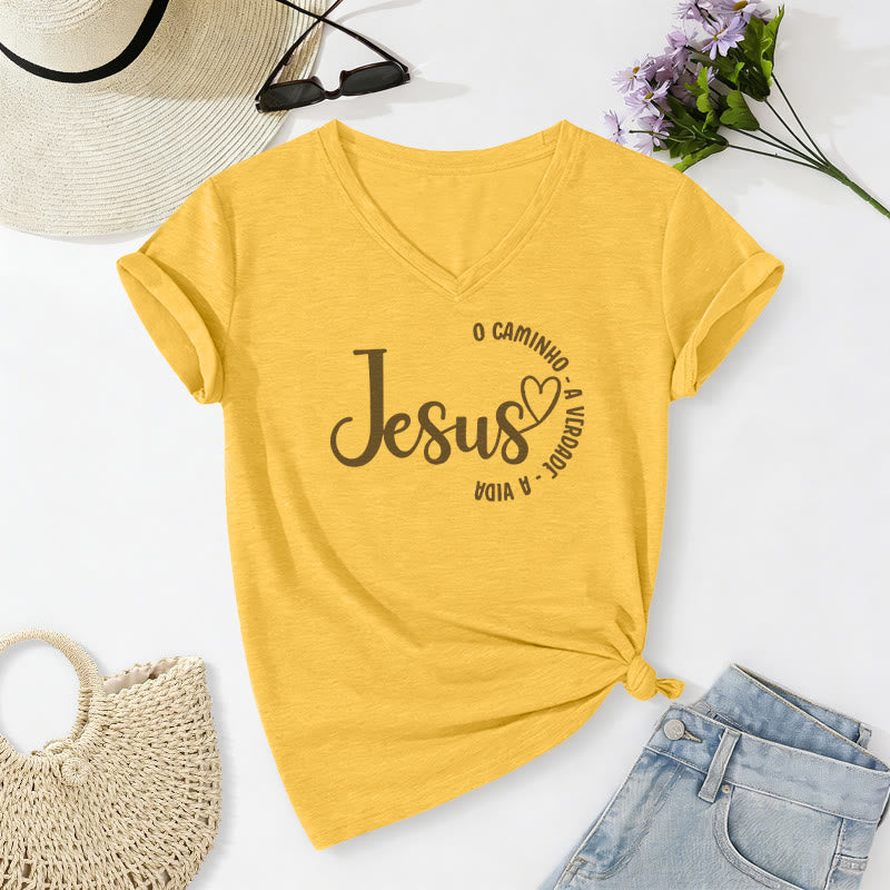 Christianartworkshop "Jesus O Caminho A Verdade A Vida" Heart Circle Casual V-neck T-shirt - Yellow - 2XL - image 8