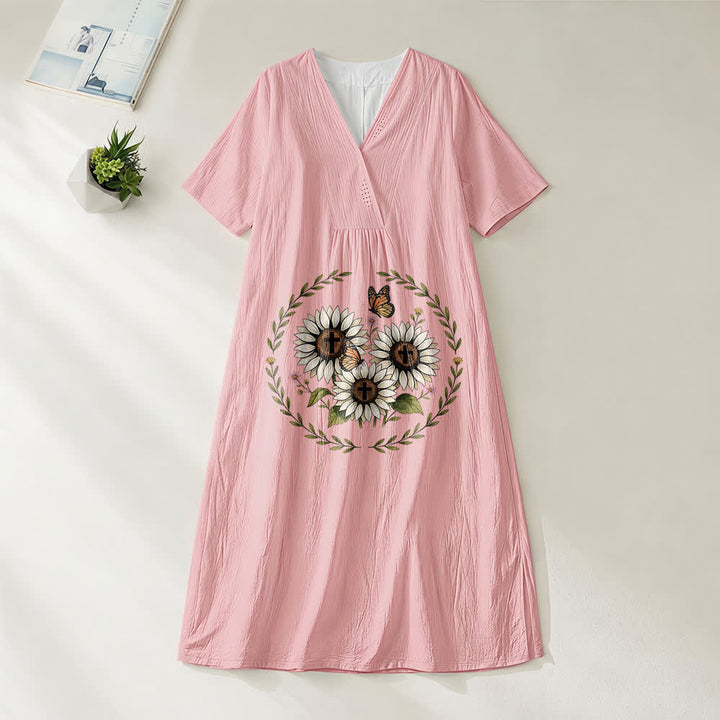 Christianartworkshop Devotional Sunflower Cross & Butterfly Wreath V-Neck Short Sleeve Midi Dress - Pink - 4XL - image 8