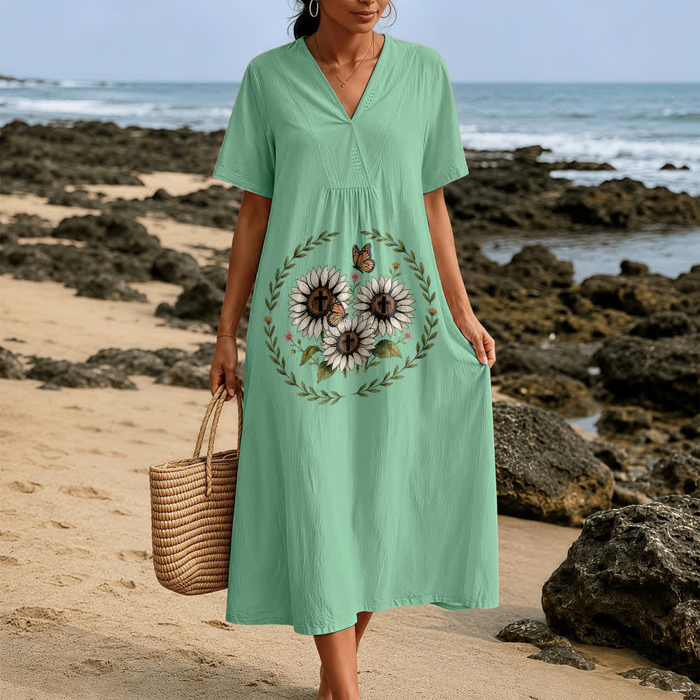 Christianartworkshop Devotional Sunflower Cross & Butterfly Wreath V-Neck Short Sleeve Midi Dress - image 7