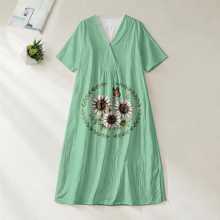 Christianartworkshop Devotional Sunflower Cross & Butterfly Wreath V-Neck Short Sleeve Midi Dress - Green - 4XL - image 6