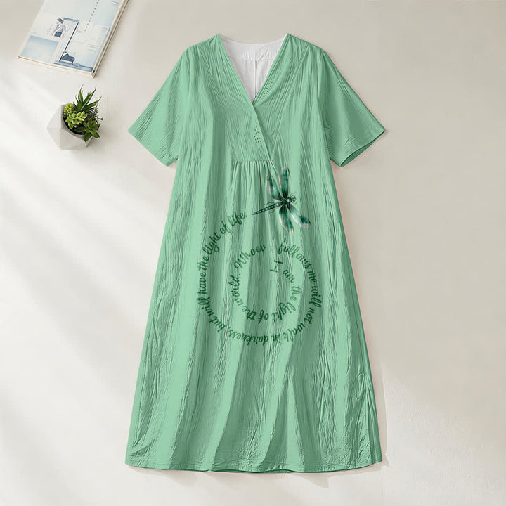 Christianartworkshop Relaxed Fit Dragonfly & Inspirational Verse V-Neck Short Sleeve Midi Dress - Green - 4XL - image 4