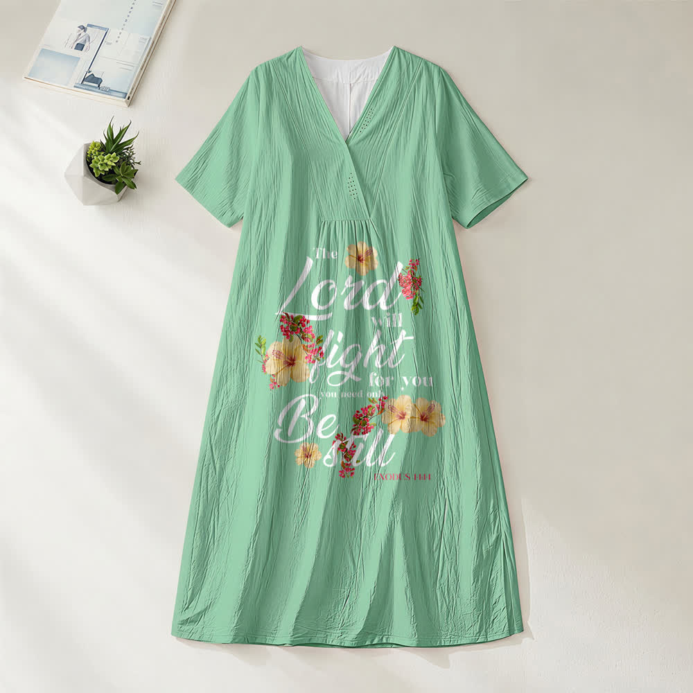 Christianartworkshop Hibiscus Floral Accent "The Lord Will Fight For You" V-Neck Short Sleeve Midi Dress - Green - 4XL - image 6