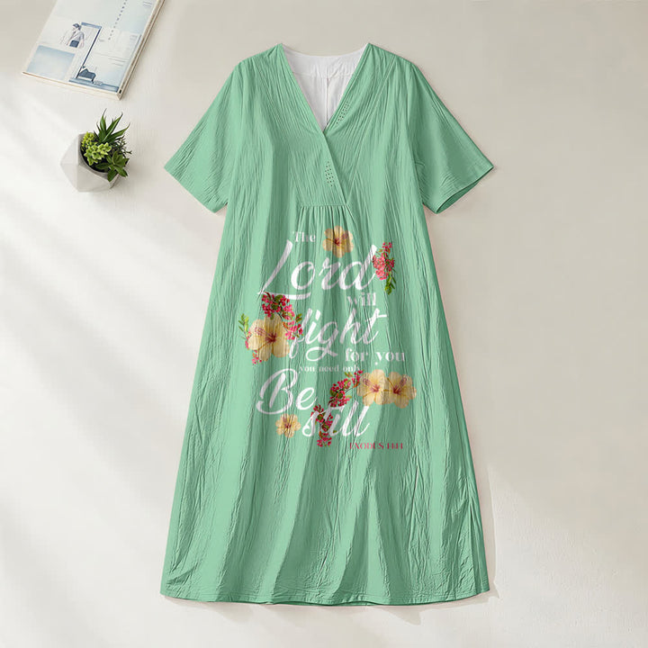 Christianartworkshop Hibiscus Floral Accent "The Lord Will Fight For You" V-Neck Short Sleeve Midi Dress - Green - 4XL - image 6