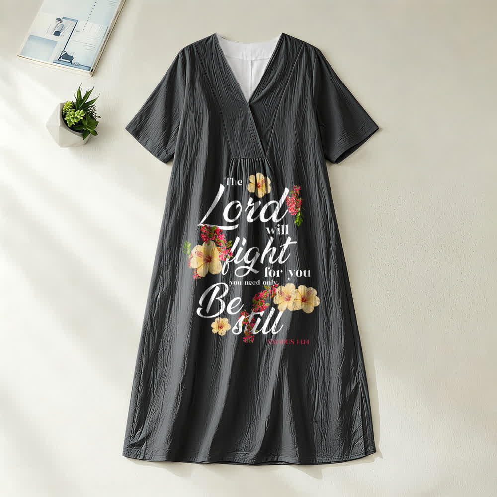 Christianartworkshop Hibiscus Floral Accent "The Lord Will Fight For You" V-Neck Short Sleeve Midi Dress - Black - 4XL - image 4