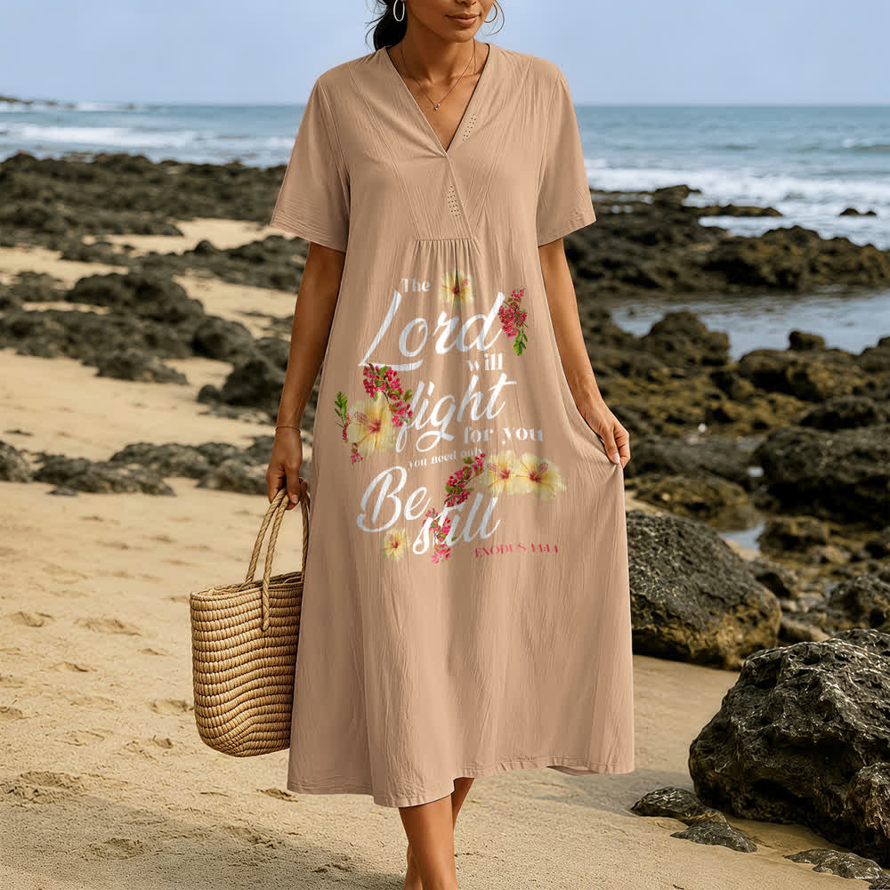 Christianartworkshop Hibiscus Floral Accent "The Lord Will Fight For You" V-Neck Short Sleeve Midi Dress - image 9