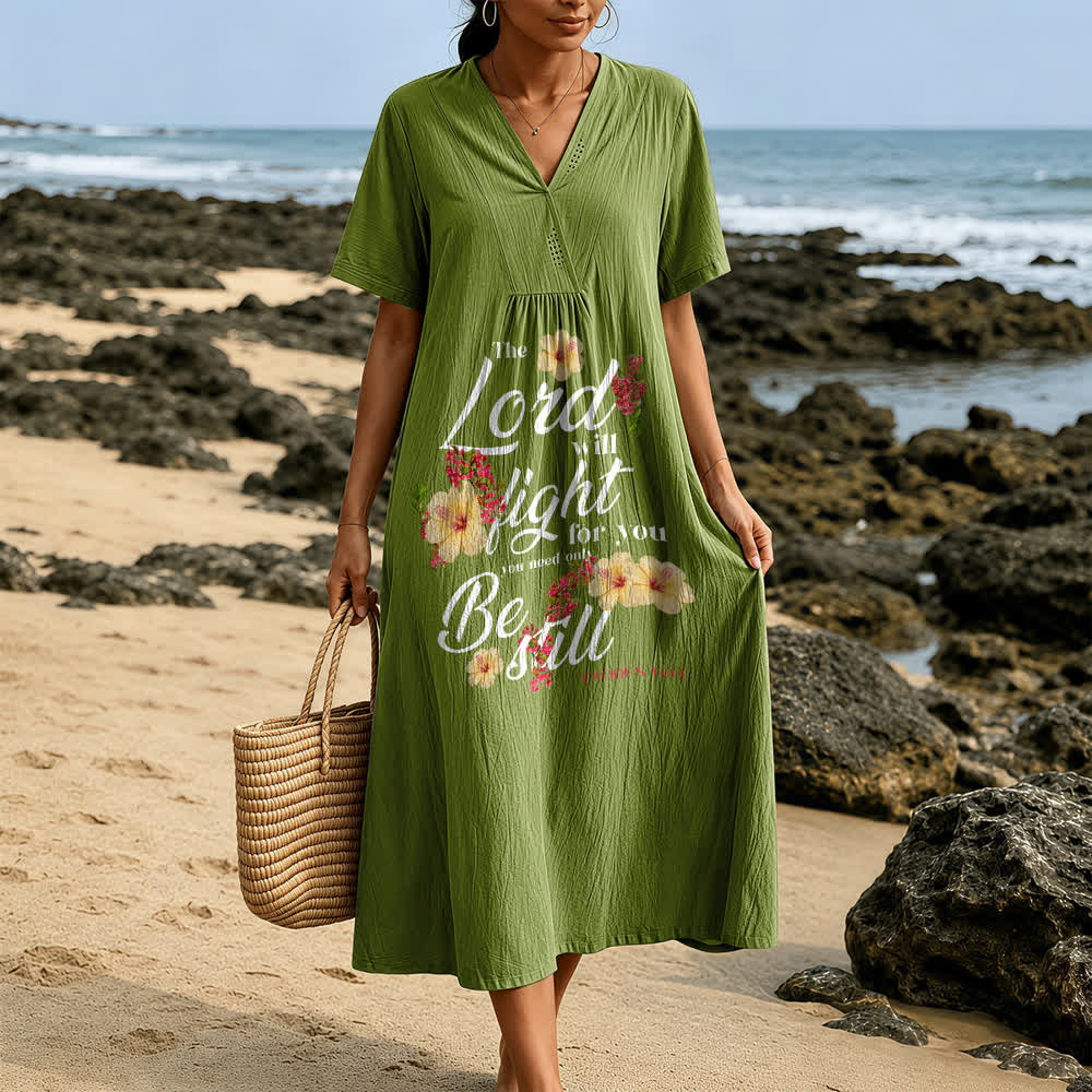 Christianartworkshop Hibiscus Floral Accent "The Lord Will Fight For You" V-Neck Short Sleeve Midi Dress - image 11