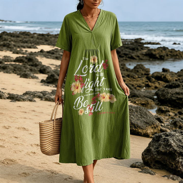 Christianartworkshop Hibiscus Floral Accent "The Lord Will Fight For You" V-Neck Short Sleeve Midi Dress - image 11