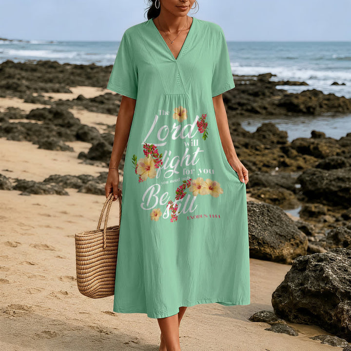 Christianartworkshop Hibiscus Floral Accent "The Lord Will Fight For You" V-Neck Short Sleeve Midi Dress - image 7
