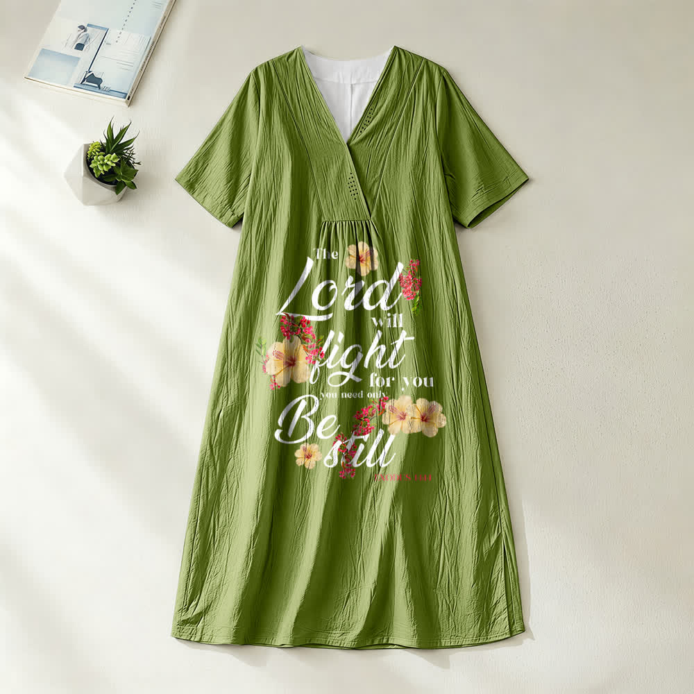Christianartworkshop Hibiscus Floral Accent "The Lord Will Fight For You" V-Neck Short Sleeve Midi Dress - Olive Green - 4XL - image 10
