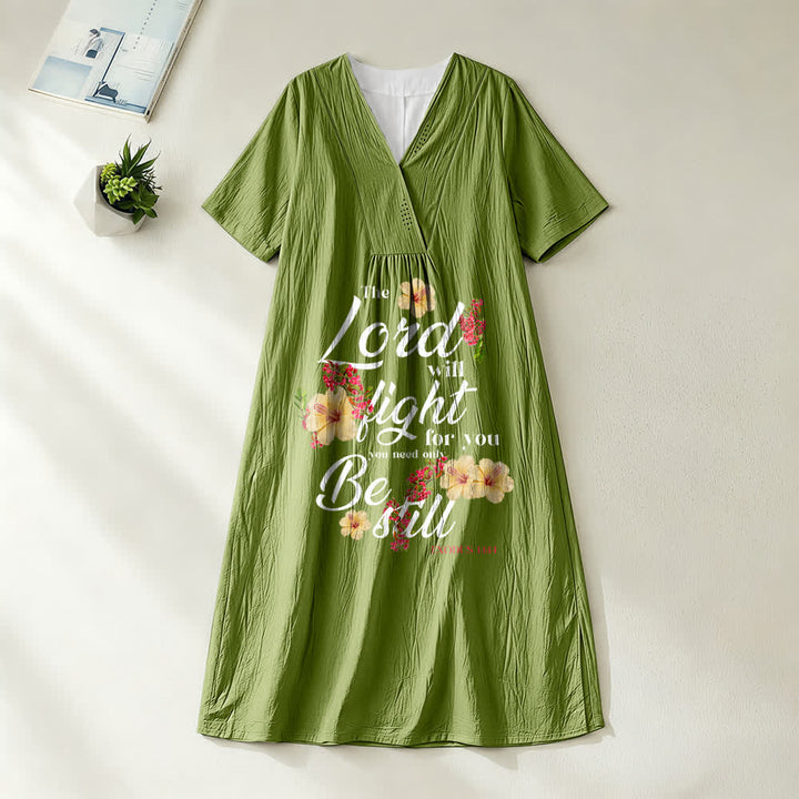 Christianartworkshop Hibiscus Floral Accent "The Lord Will Fight For You" V-Neck Short Sleeve Midi Dress - Olive Green - 4XL - image 10