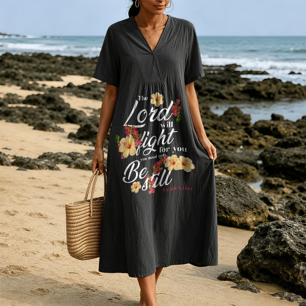 Christianartworkshop Hibiscus Floral Accent "The Lord Will Fight For You" V-Neck Short Sleeve Midi Dress - image 5