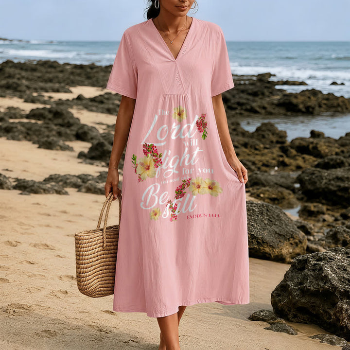 Christianartworkshop Hibiscus Floral Accent "The Lord Will Fight For You" V-Neck Short Sleeve Midi Dress - image 1