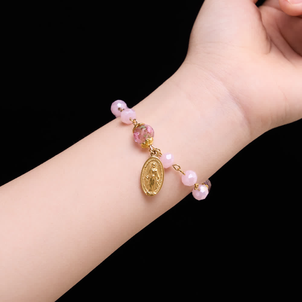FREE Today: Soft Pink Crystal Devotional Bracelet with Our Lady Medal & Cross - image 1
