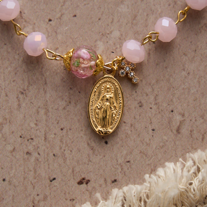 Christianartworkshop Soft Pink Crystal Devotional Bracelet with Our Lady Medal & Cross - image 6