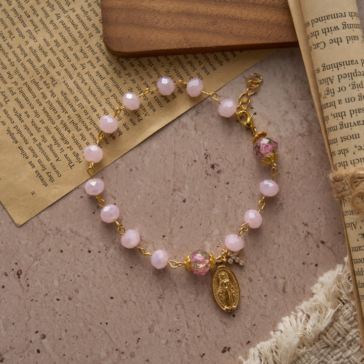 FREE Today: Soft Pink Crystal Devotional Bracelet with Our Lady Medal & Cross - image 4