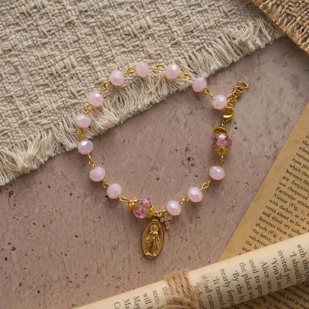 FREE Today: Soft Pink Crystal Devotional Bracelet with Our Lady Medal & Cross - image 3