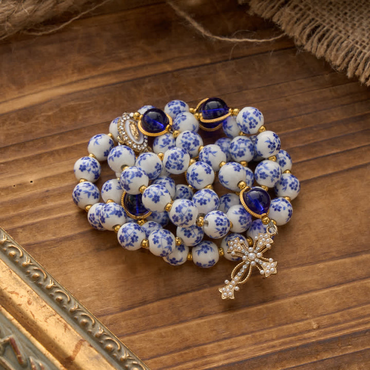 Christianartworkshop Blue & White Floral Ceramic Rosary with Elegant Marian Devotion - image 4