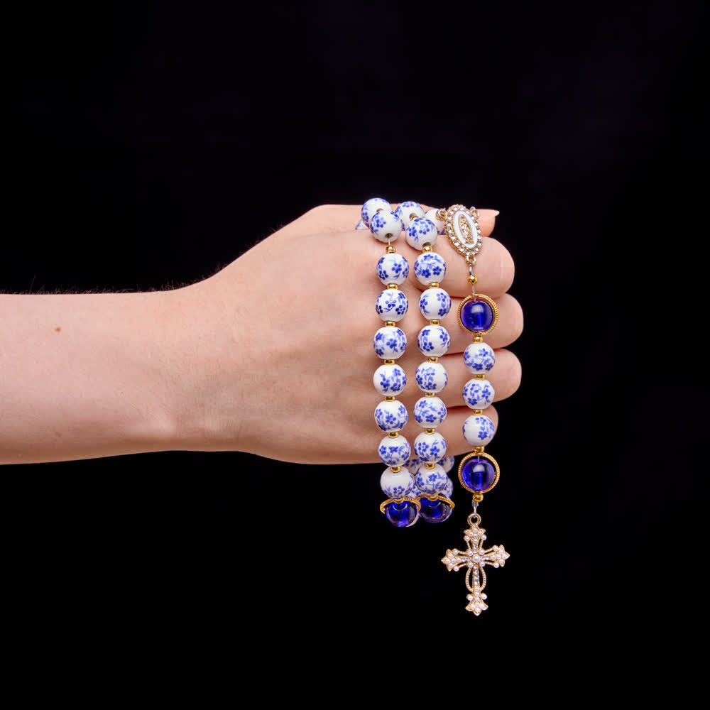 Christianartworkshop Blue & White Floral Ceramic Rosary with Elegant Marian Devotion - image 1