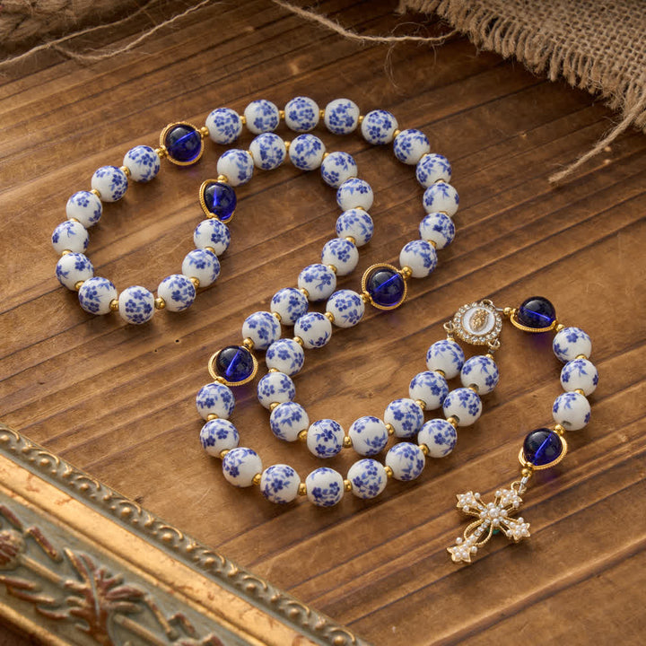 Christianartworkshop Blue & White Floral Ceramic Rosary with Elegant Marian Devotion - Our Lady & Cross - image 0