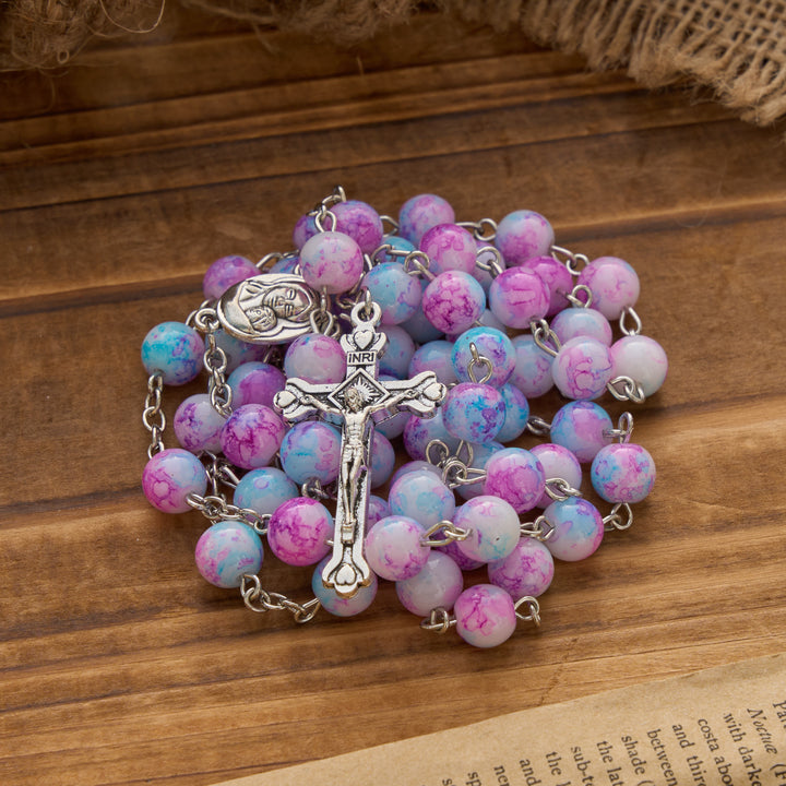 Christianartworkshop Marbled Pink & Blue Glass Bead Rosary with Madonna and Child Medal & Crucifix - image 2