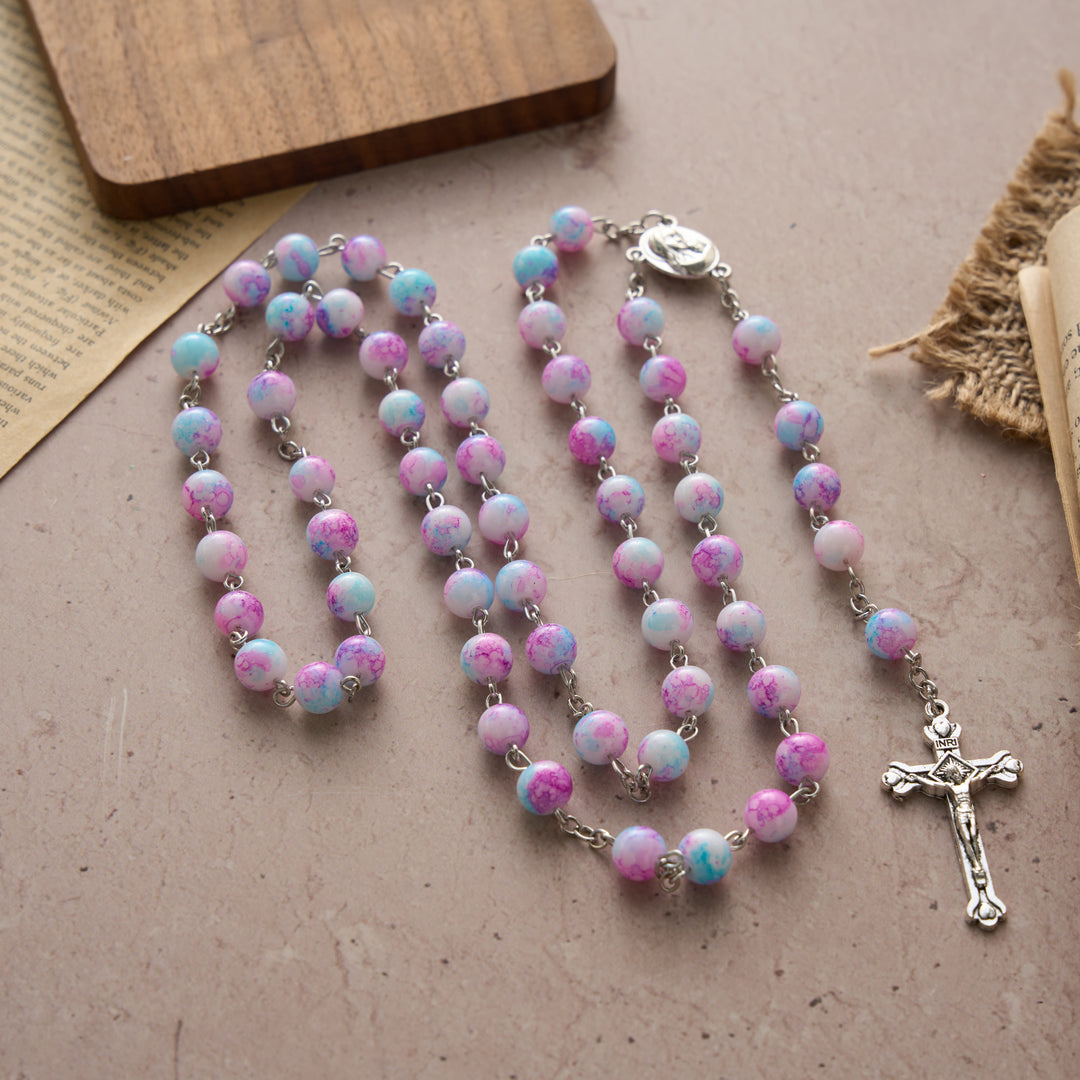 Christianartworkshop Marbled Pink & Blue Glass Bead Rosary with Madonna and Child Medal & Crucifix - image 4