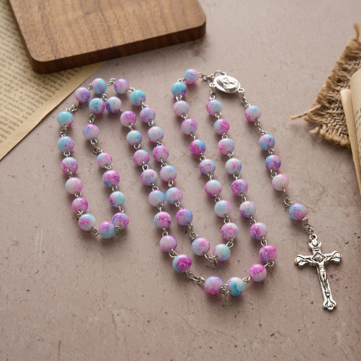 Christianartworkshop Marbled Pink & Blue Glass Bead Rosary with Madonna and Child Medal & Crucifix - image 4
