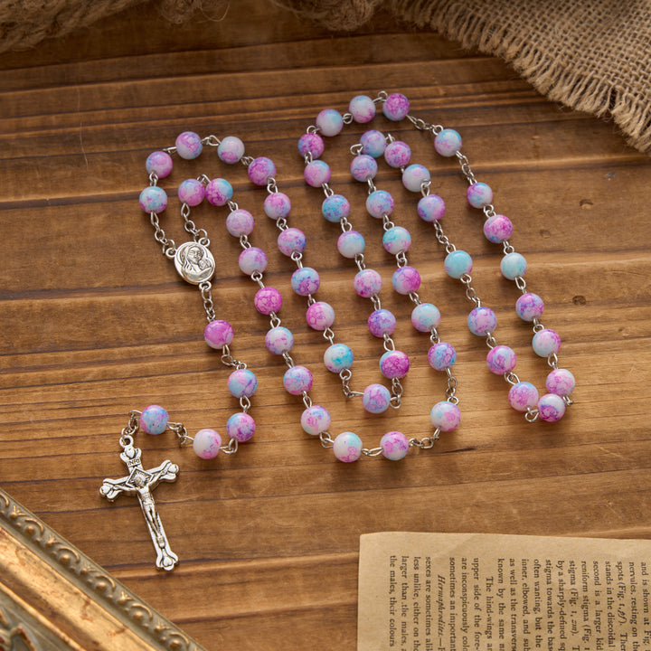 Christianartworkshop Marbled Pink & Blue Glass Bead Rosary with Madonna and Child Medal & Crucifix - Madonna and Child Pink Rosary - image 0