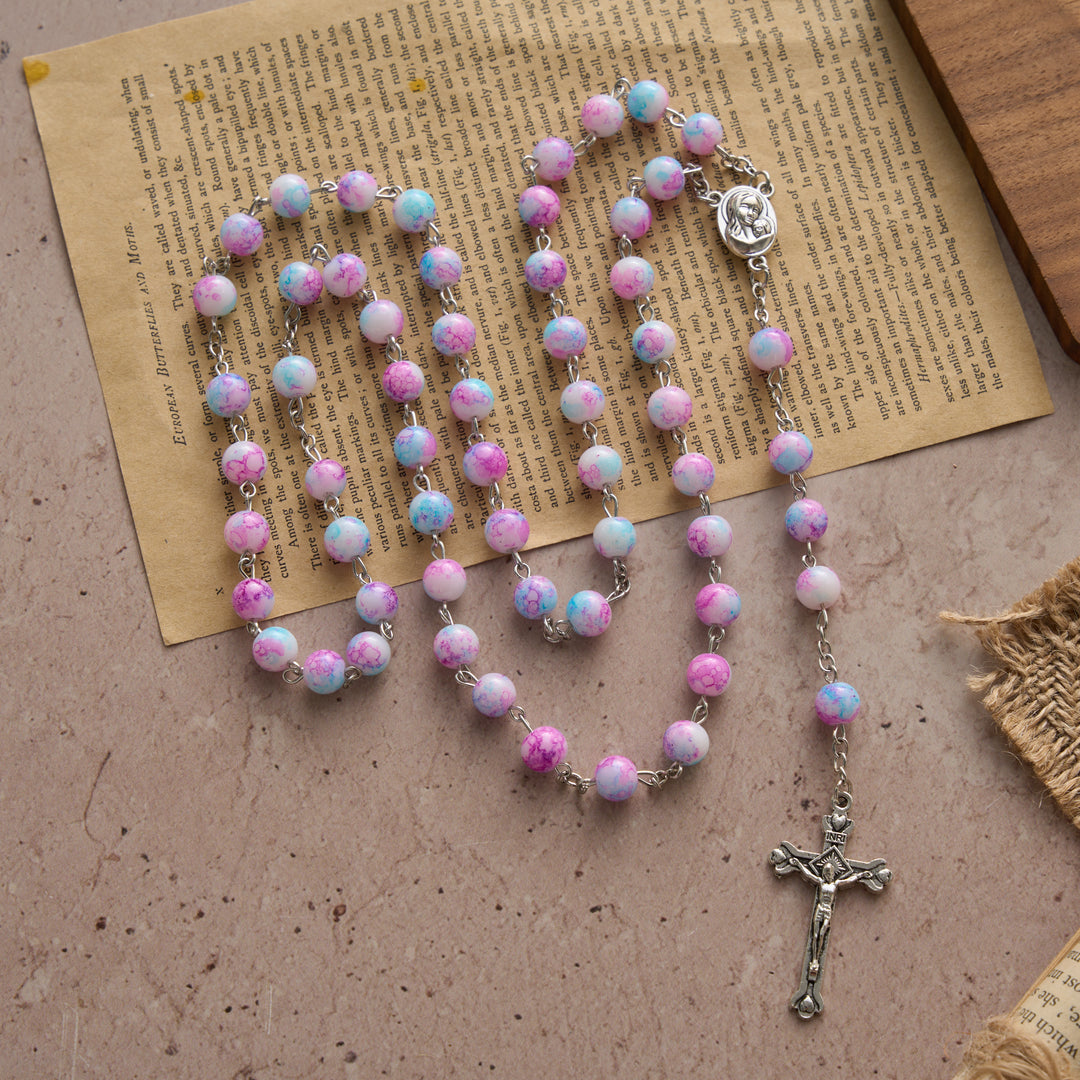 Christianartworkshop Marbled Pink & Blue Glass Bead Rosary with Madonna and Child Medal & Crucifix - image 3
