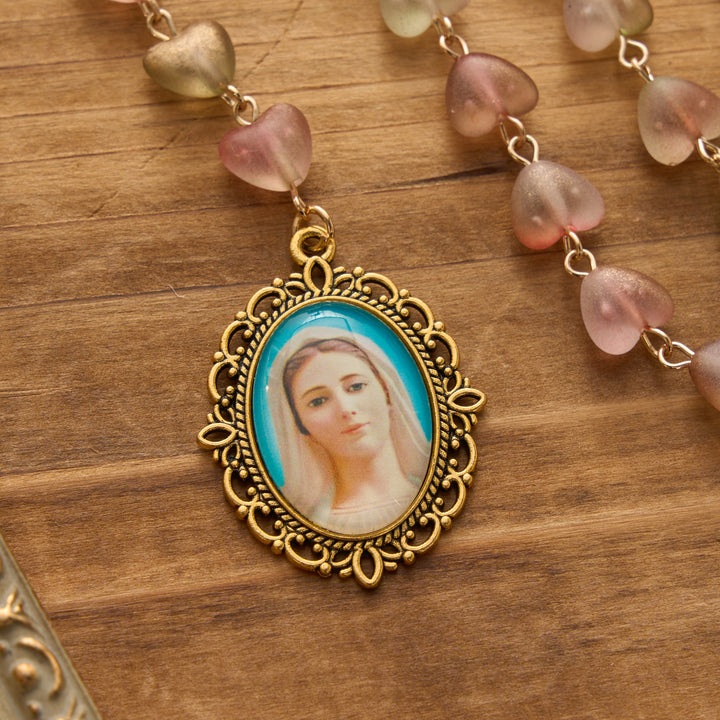 Christianartworkshop Gradient Frosted Heart Glass Bead Seven Sorrows Rosary with Our Lady Portrait Pendant - image 20