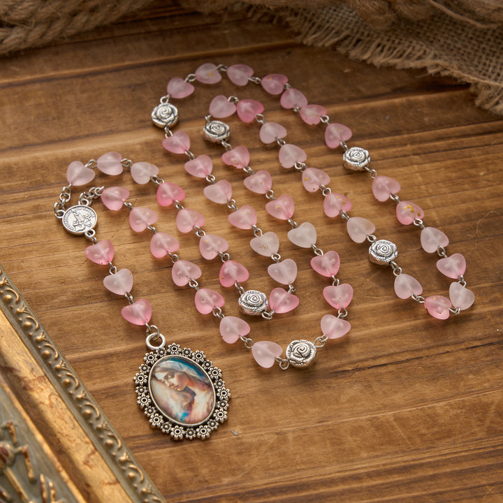 FREE Today: Gradient Frosted Heart Glass Bead Seven Sorrows Rosary with Our Lady Portrait Pendant - Pink - image 11
