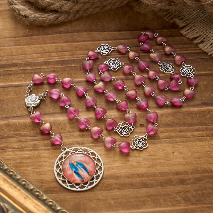 FREE Today: Gradient Frosted Heart Glass Bead Seven Sorrows Rosary with Our Lady Portrait Pendant - Purple - image 6