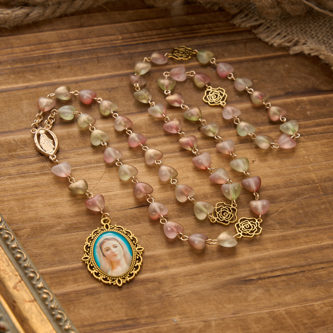 Christianartworkshop Gradient Frosted Heart Glass Bead Seven Sorrows Rosary with Our Lady Portrait Pendant - Light Green - image 16