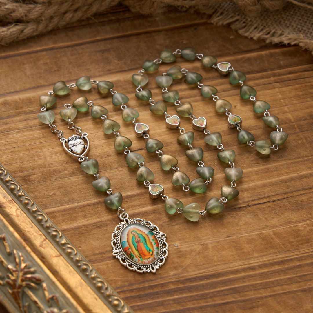 Christianartworkshop Gradient Frosted Heart Glass Bead Seven Sorrows Rosary with Our Lady Portrait Pendant - Green - image 21