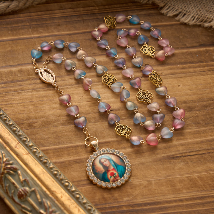 Christianartworkshop Gradient Frosted Heart Glass Bead Seven Sorrows Rosary with Our Lady Portrait Pendant - Blue - image 1